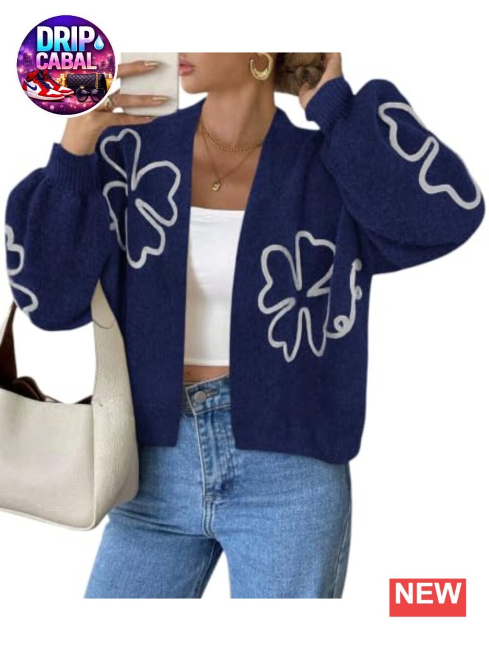 Floral Oversized Cardigan Sweater Loose Knit Balloon Sleeve Open Front